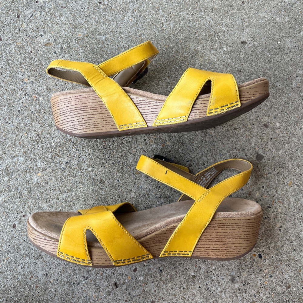 Dansko Tasha Yellow Leather Wedge Sandals Women 41 Comfort Platform Buckle Strap - Picture 3 of 10